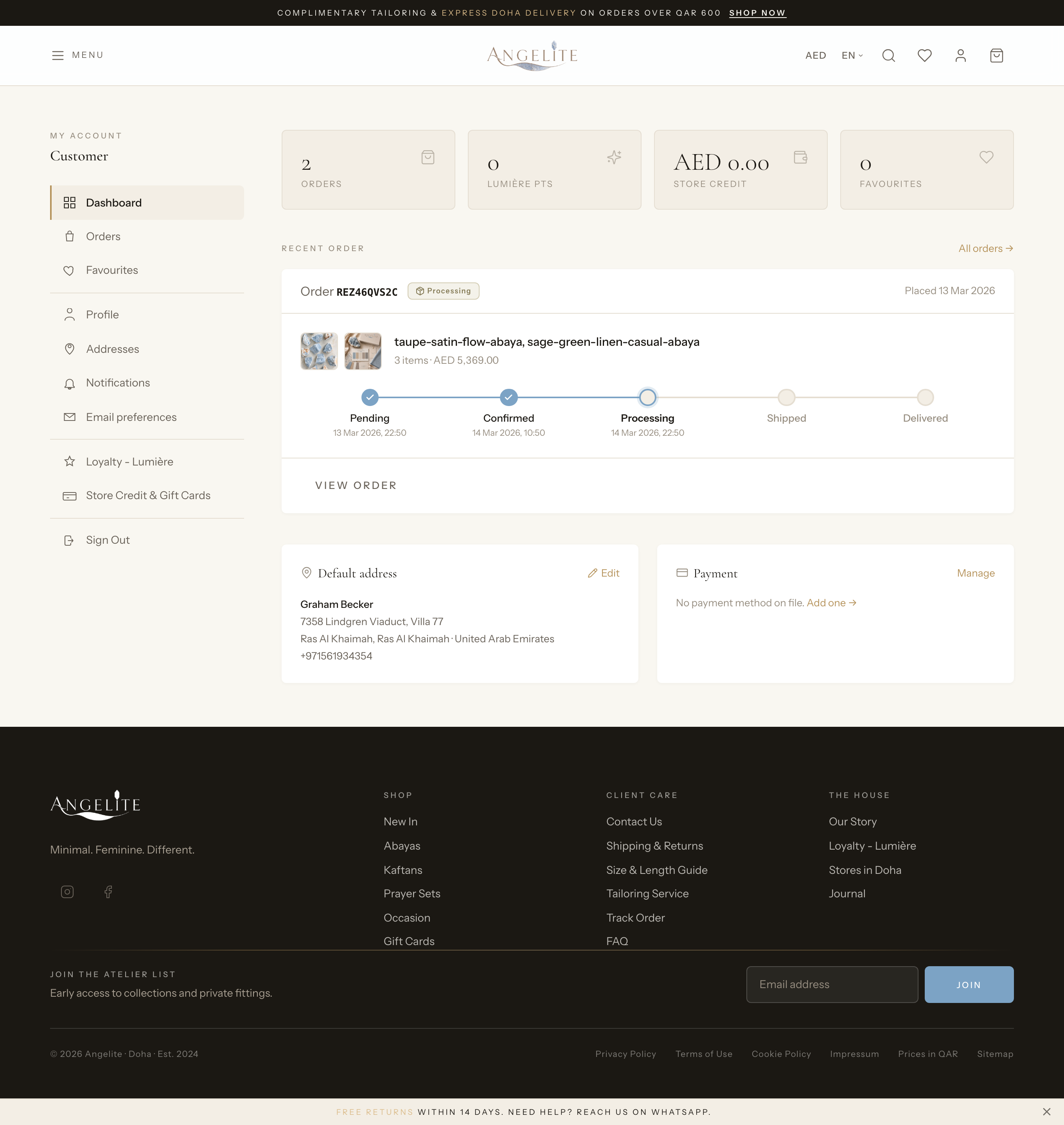 Customer account dashboard