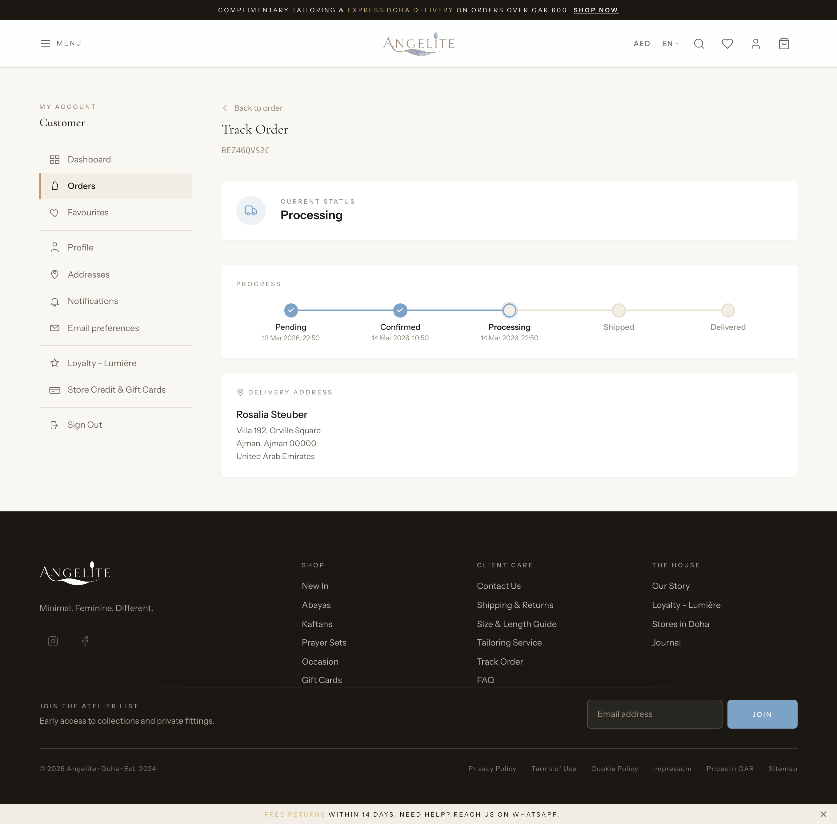 Customer order tracking page
