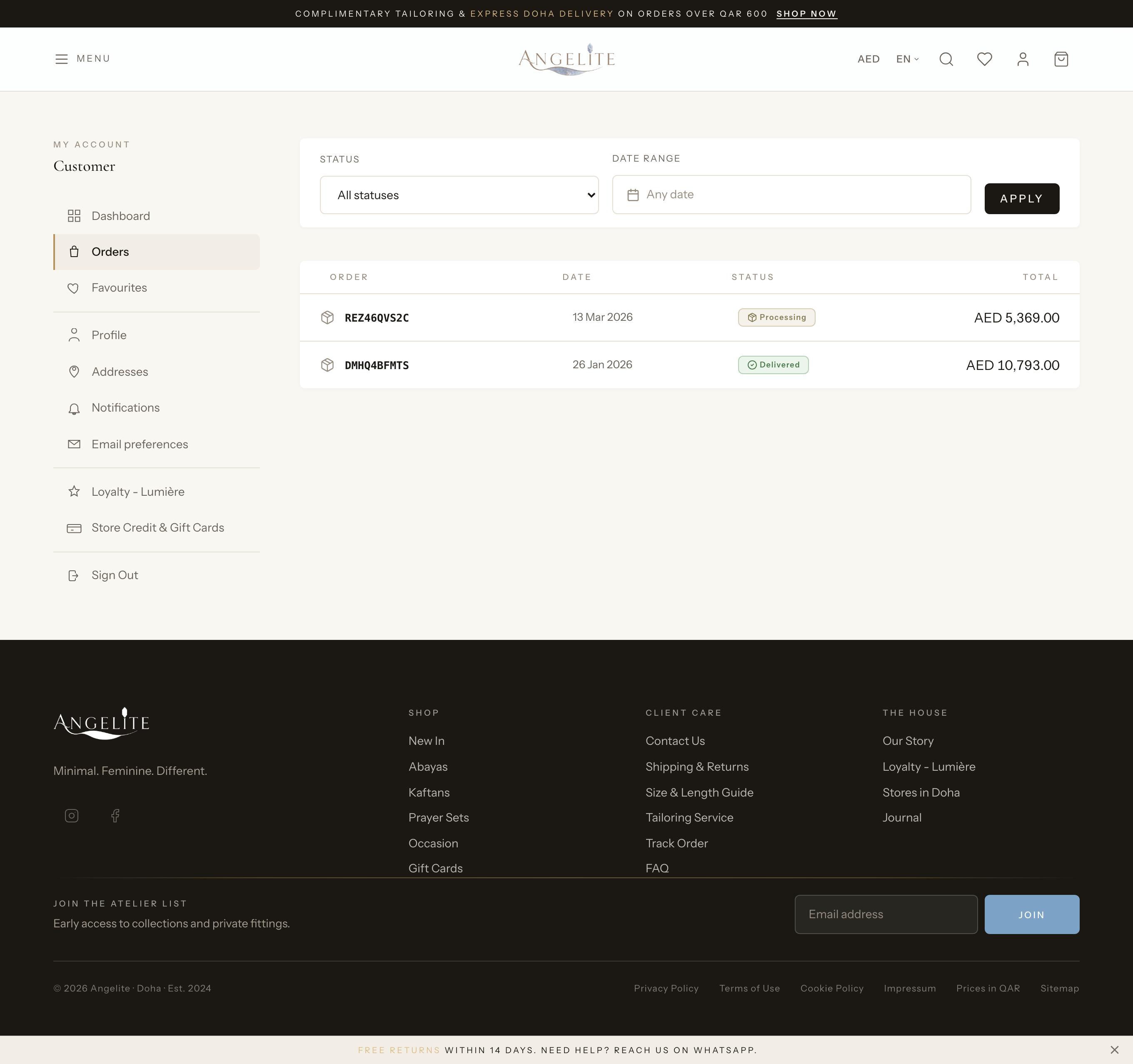 Customer order history list