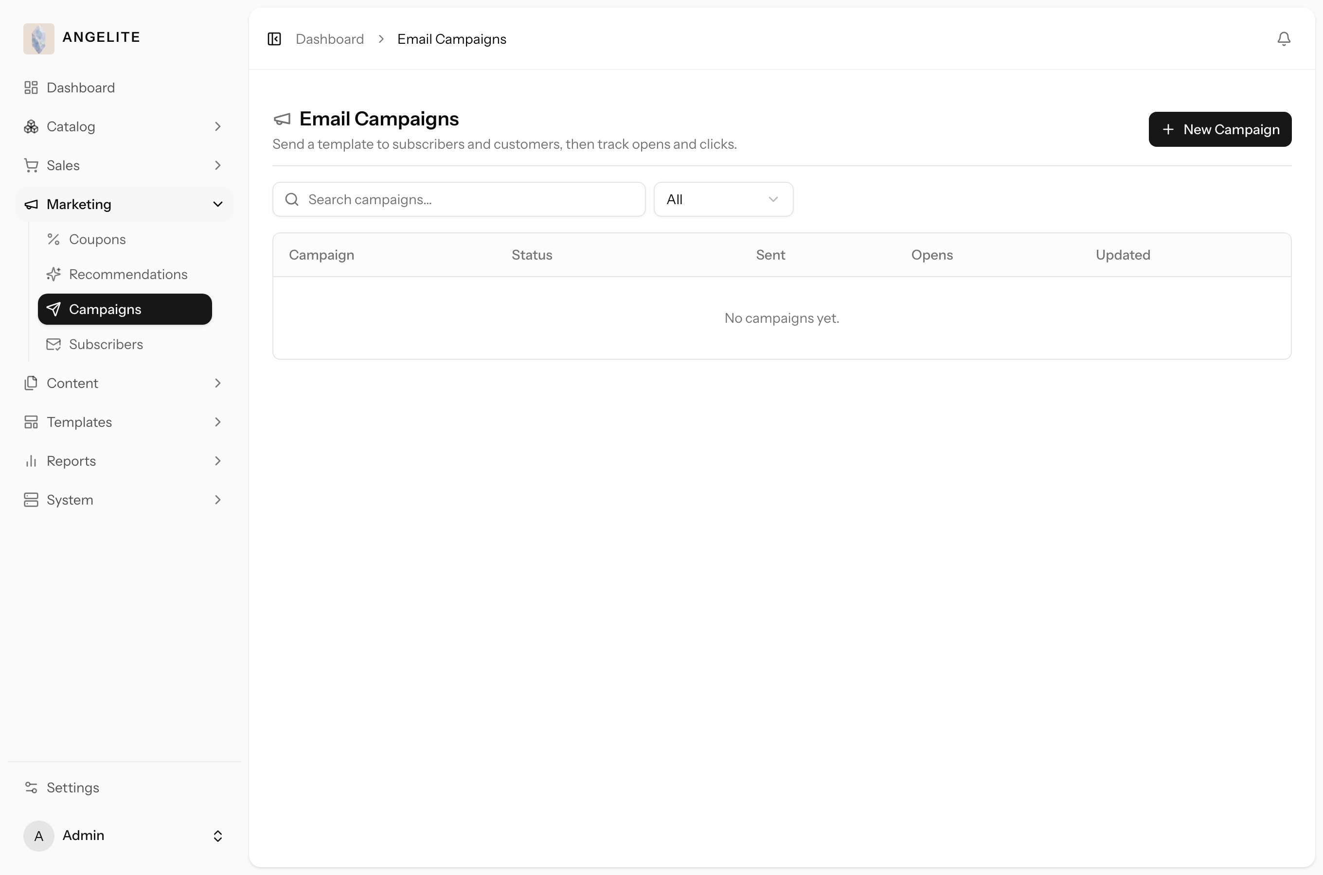 Admin email campaigns list