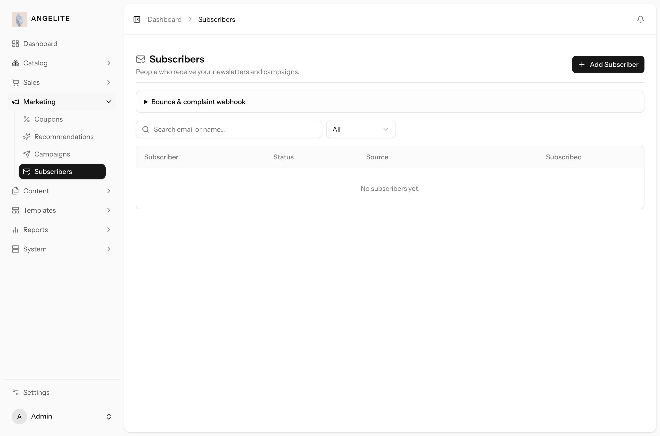 Admin email subscribers list
