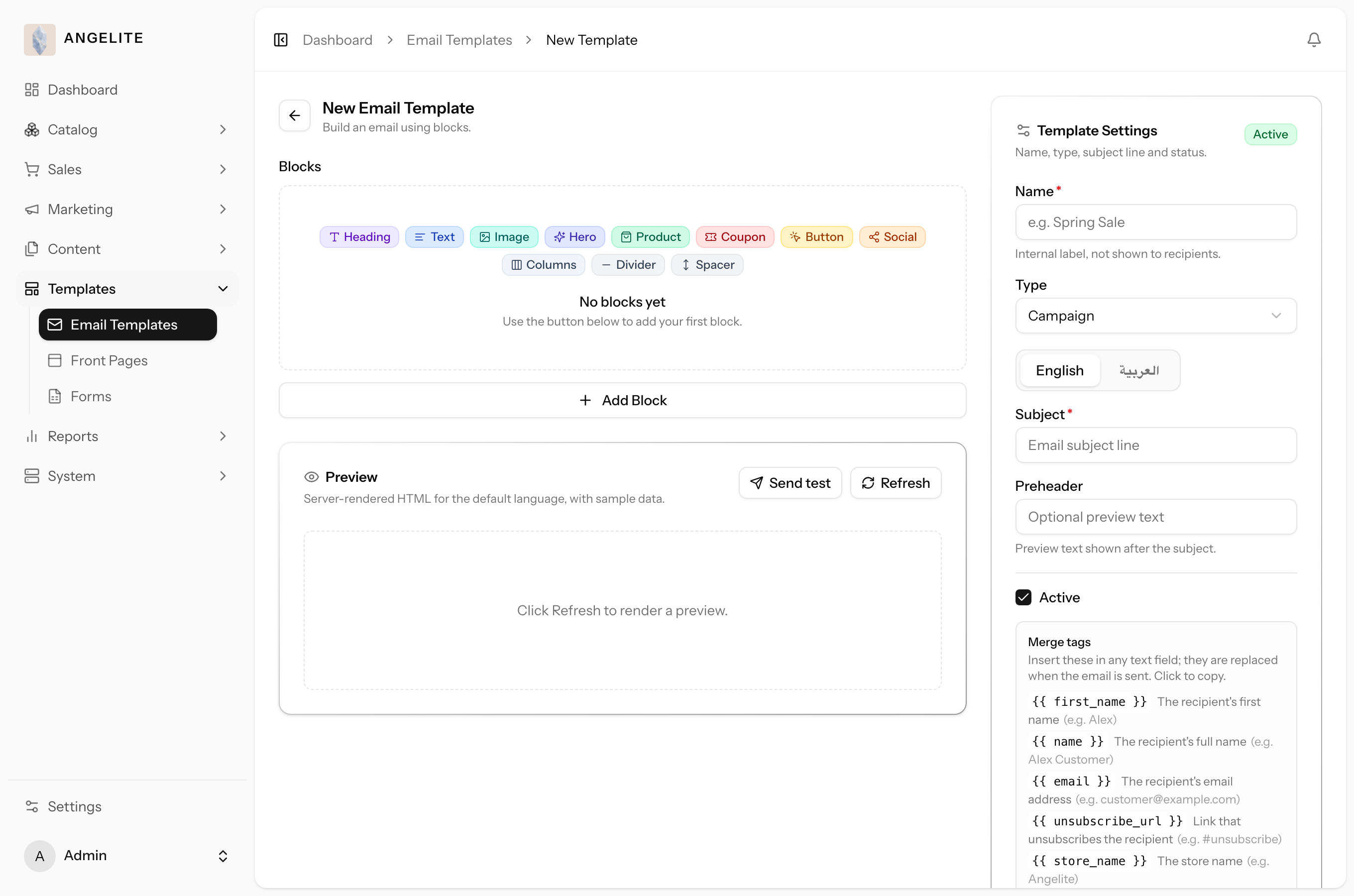 Email template editor with blocks and live preview