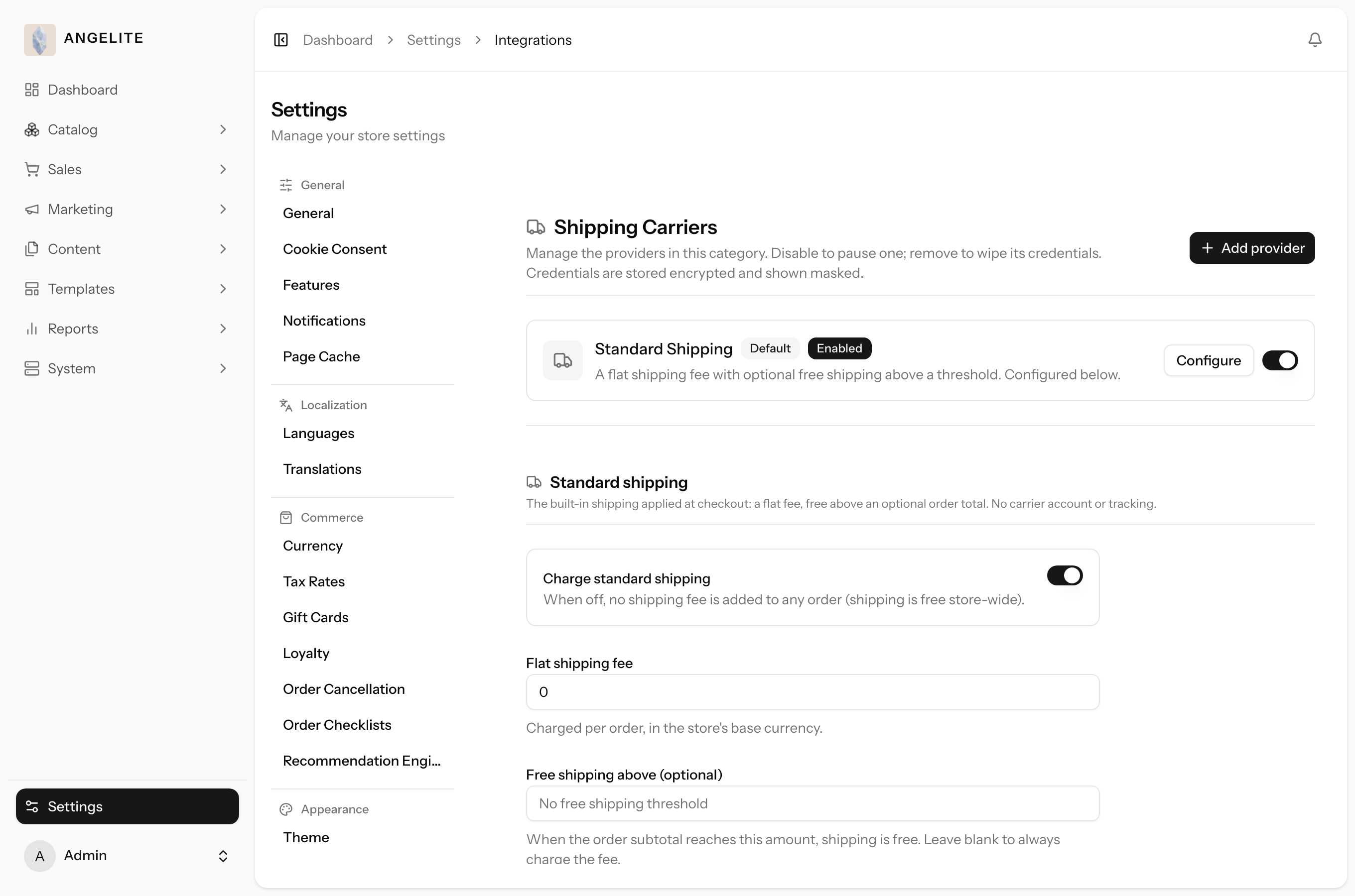 Shipping carriers integration page