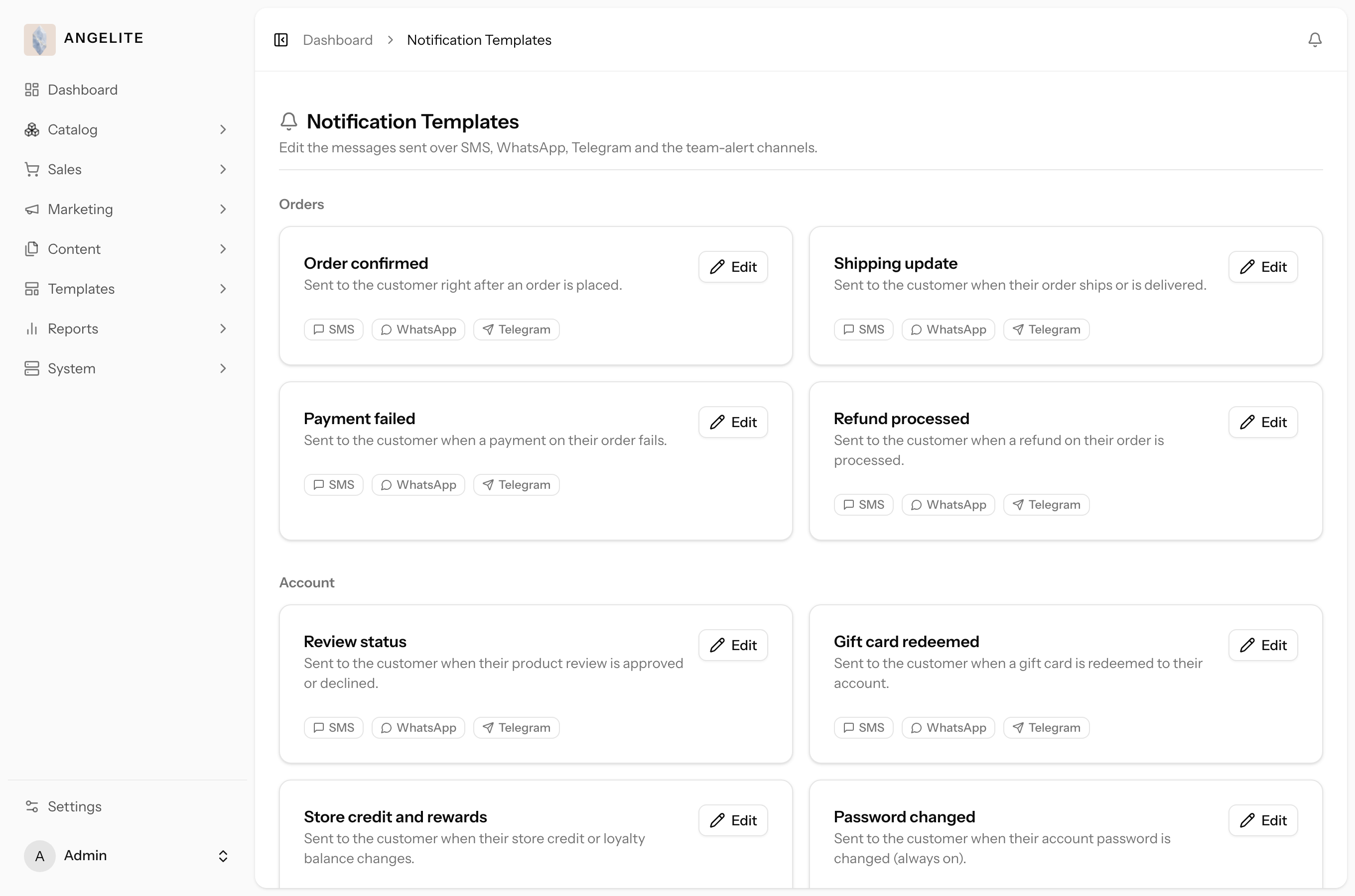Admin notification templates