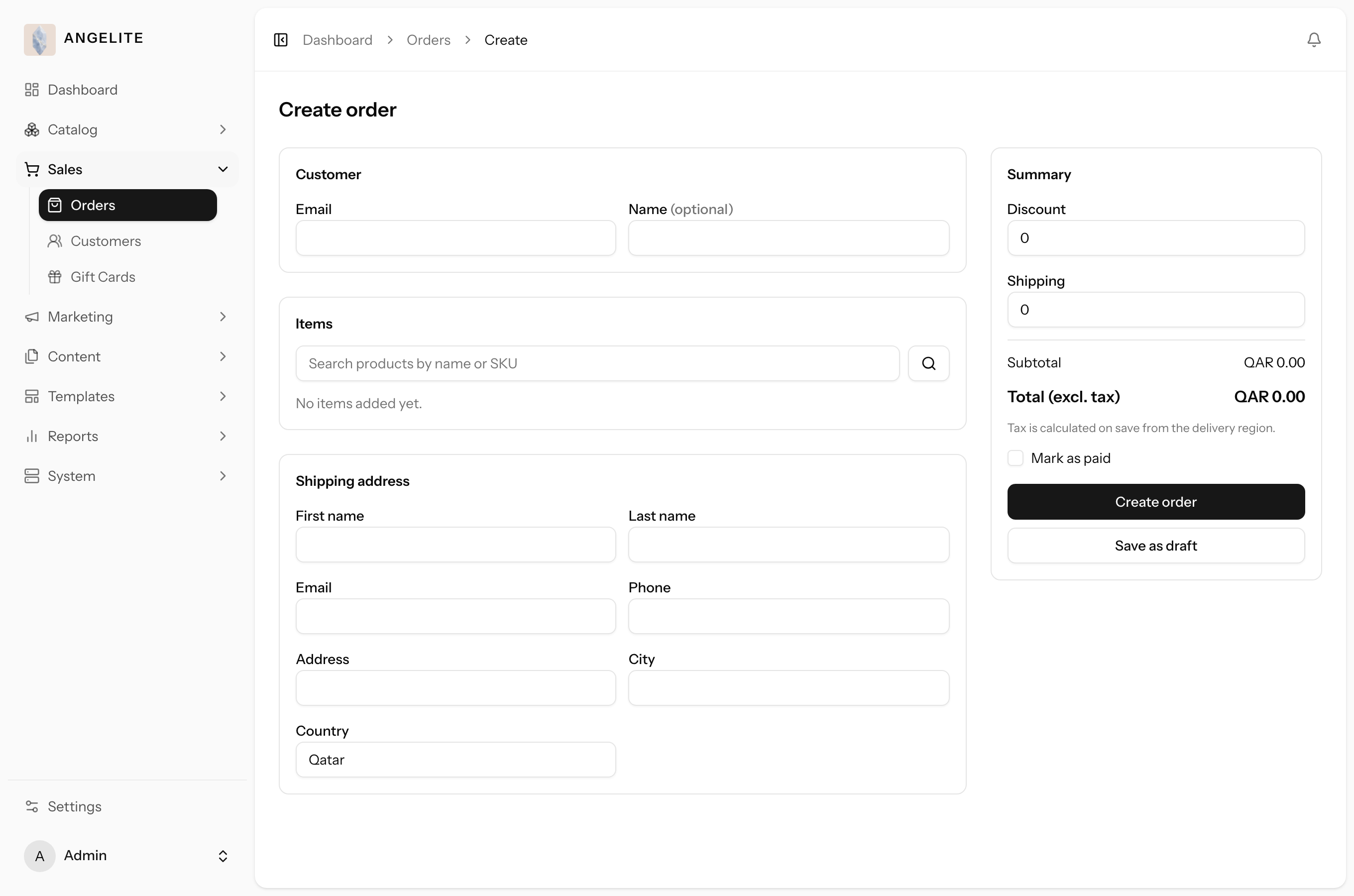 Admin create order page