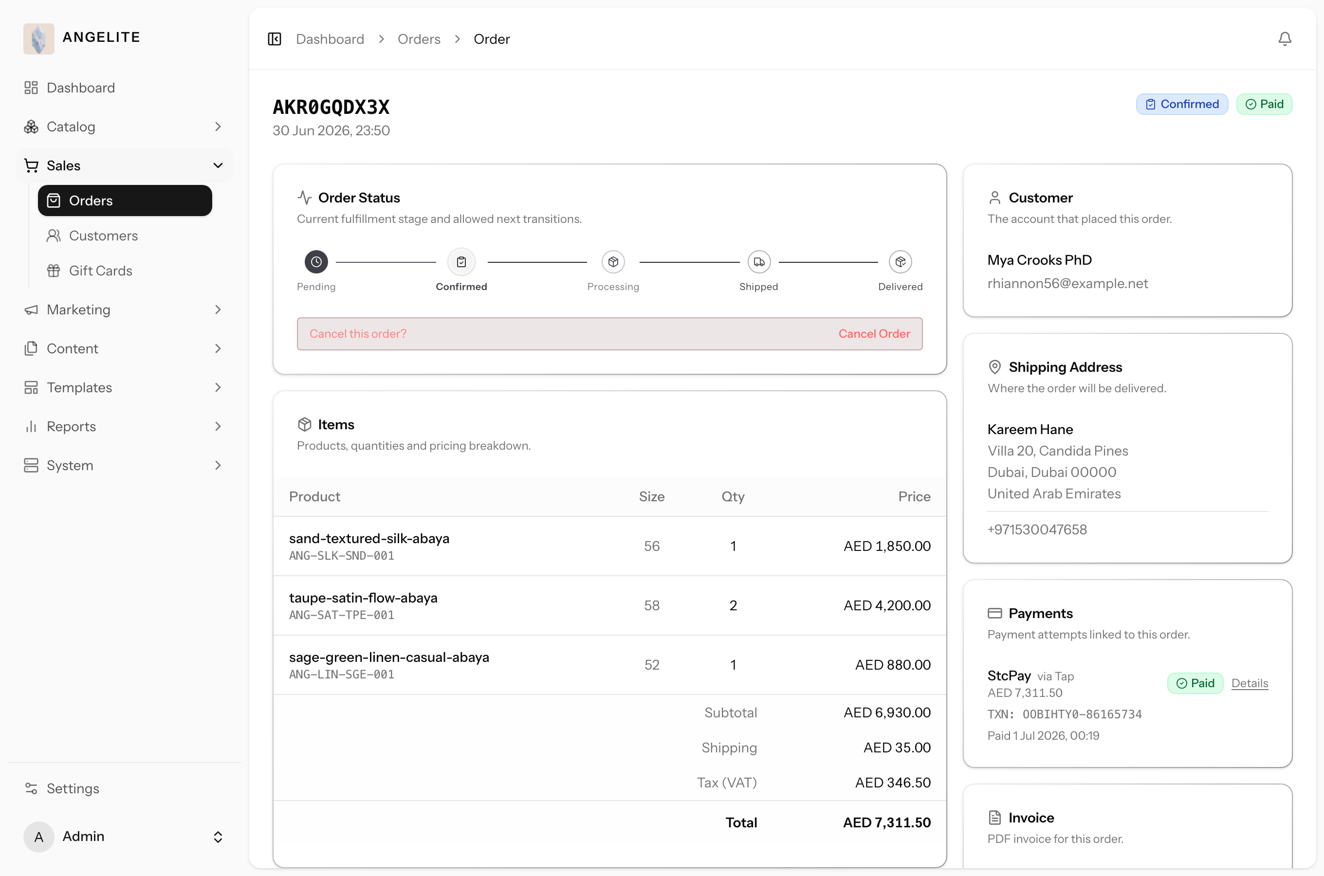 Admin order detail page