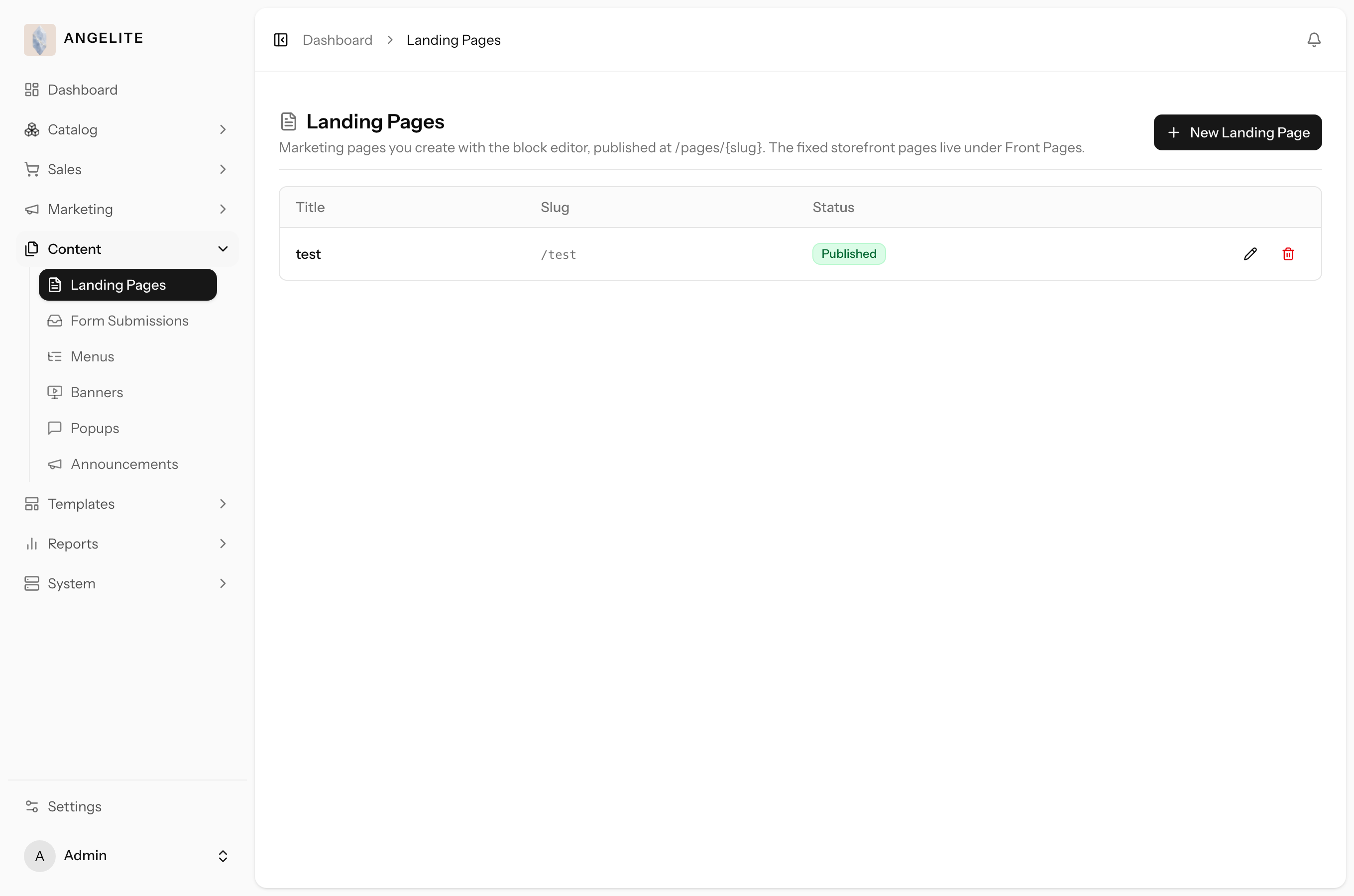Admin pages list