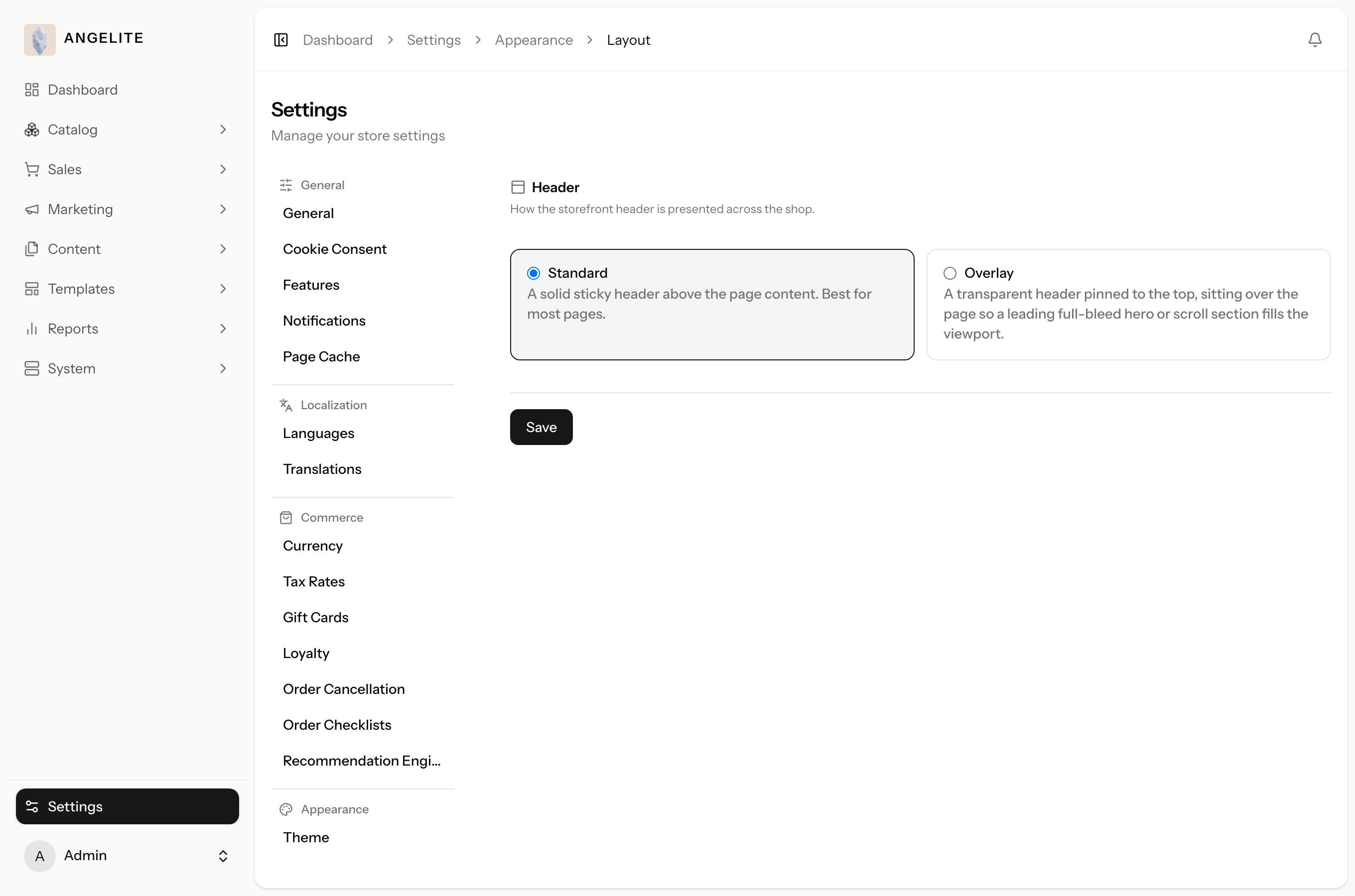 Appearance header layout