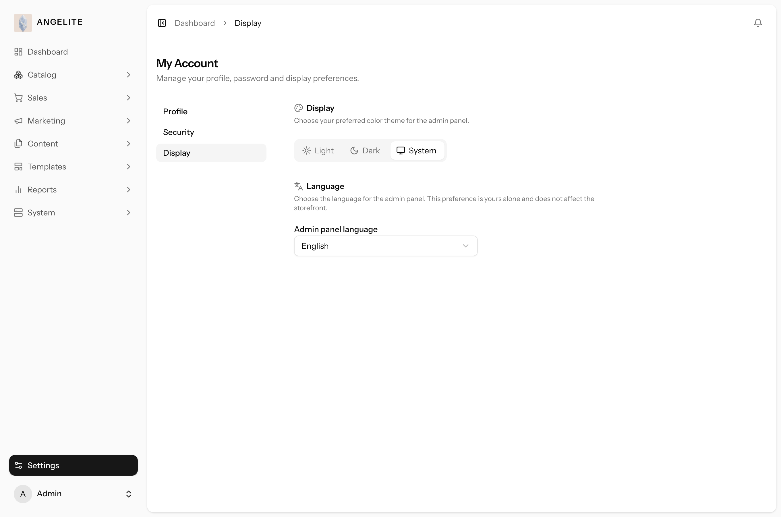 Admin display settings