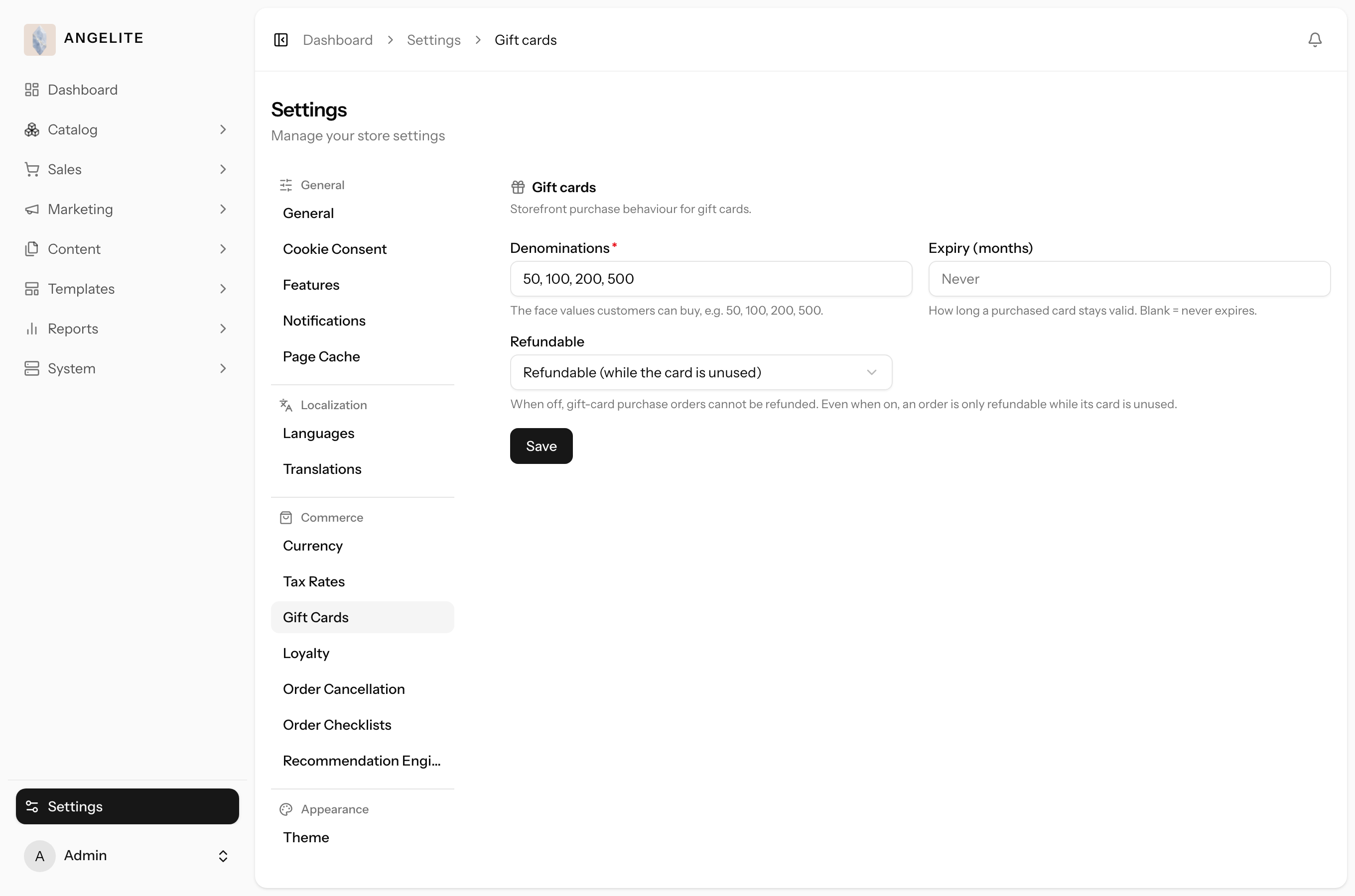 Admin gift-card settings
