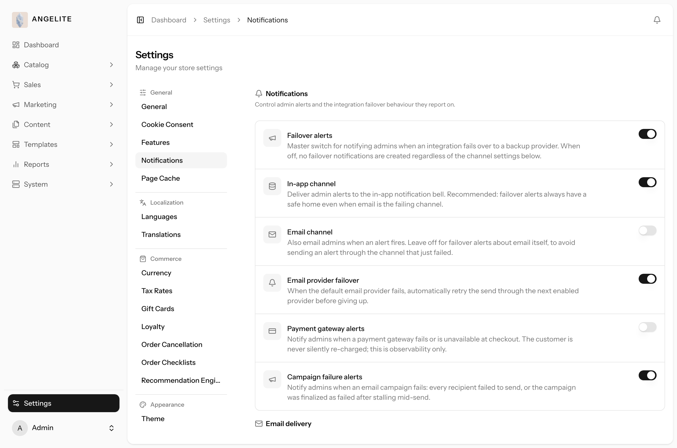 Admin notification settings