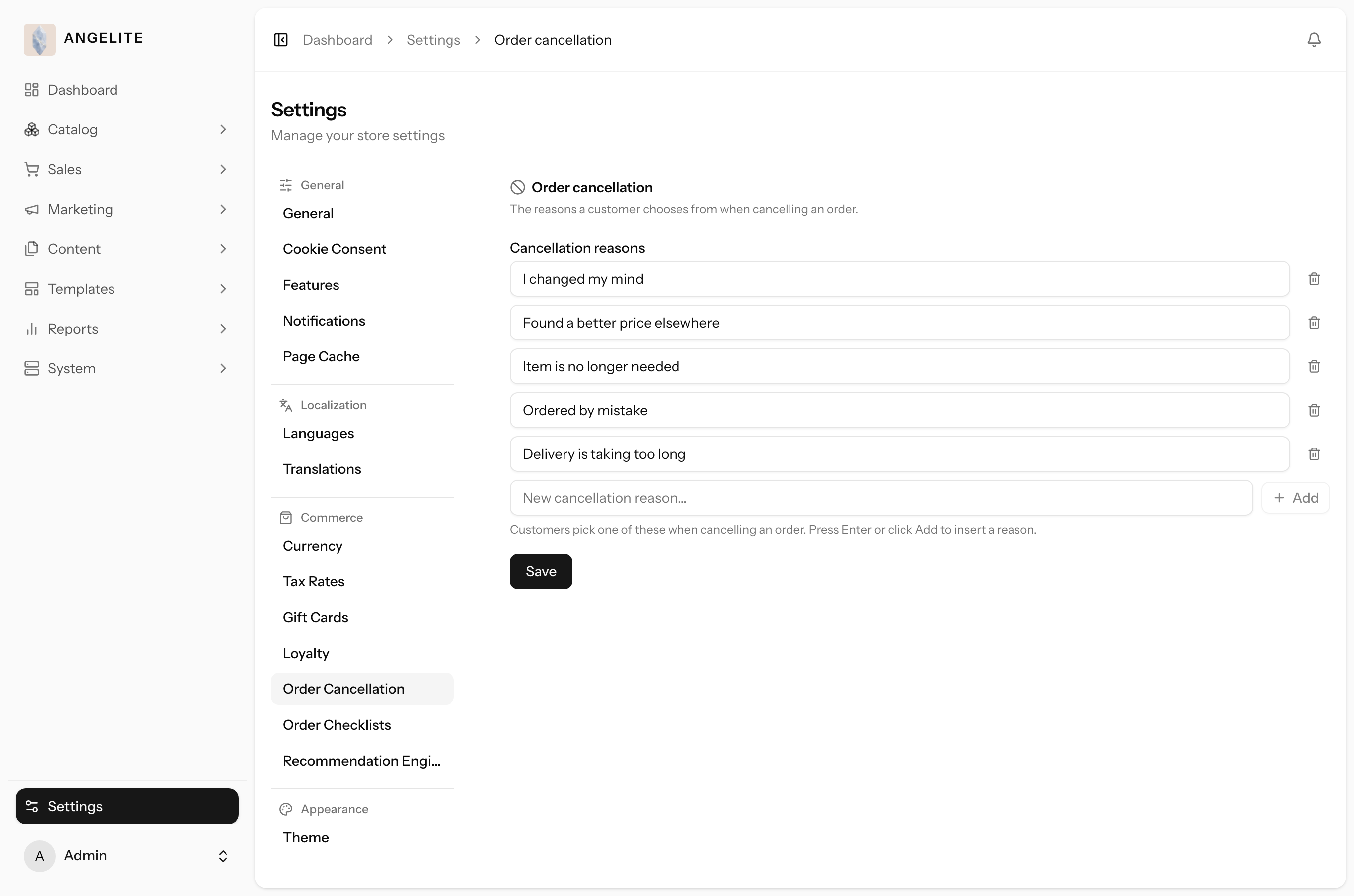 Admin order cancellation reasons
