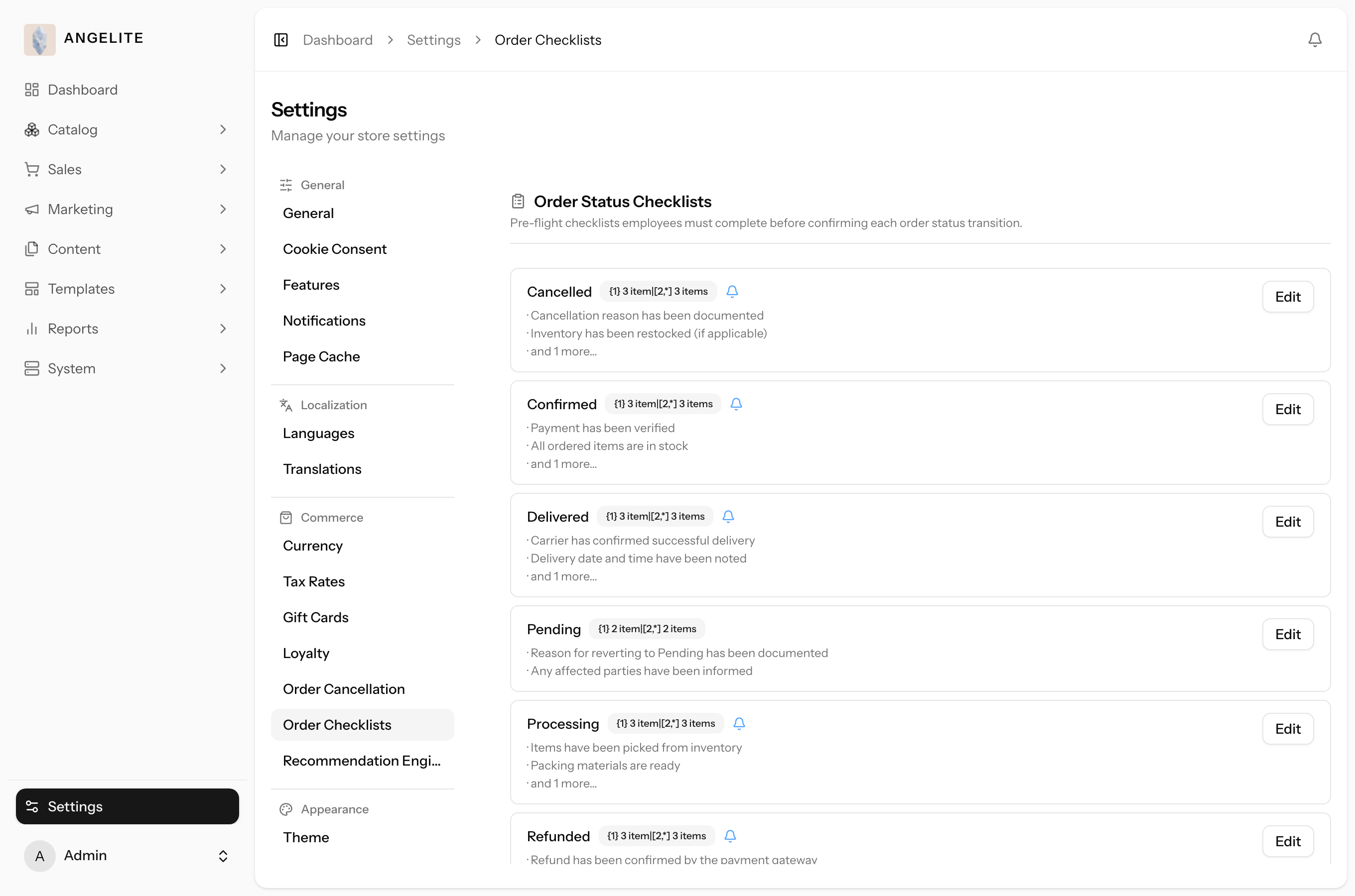 Admin order status checklists settings