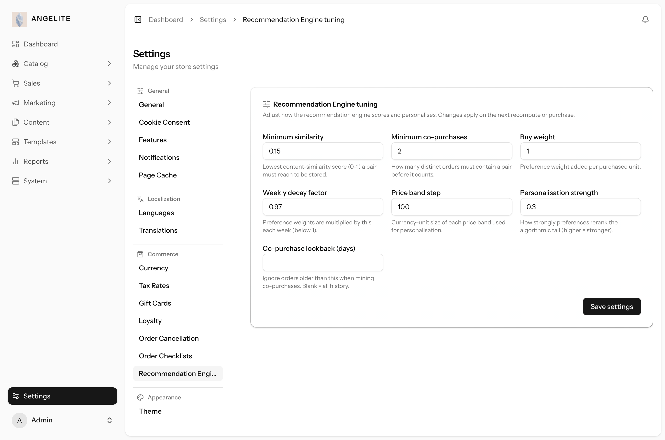 Admin recommendation engine tuning settings