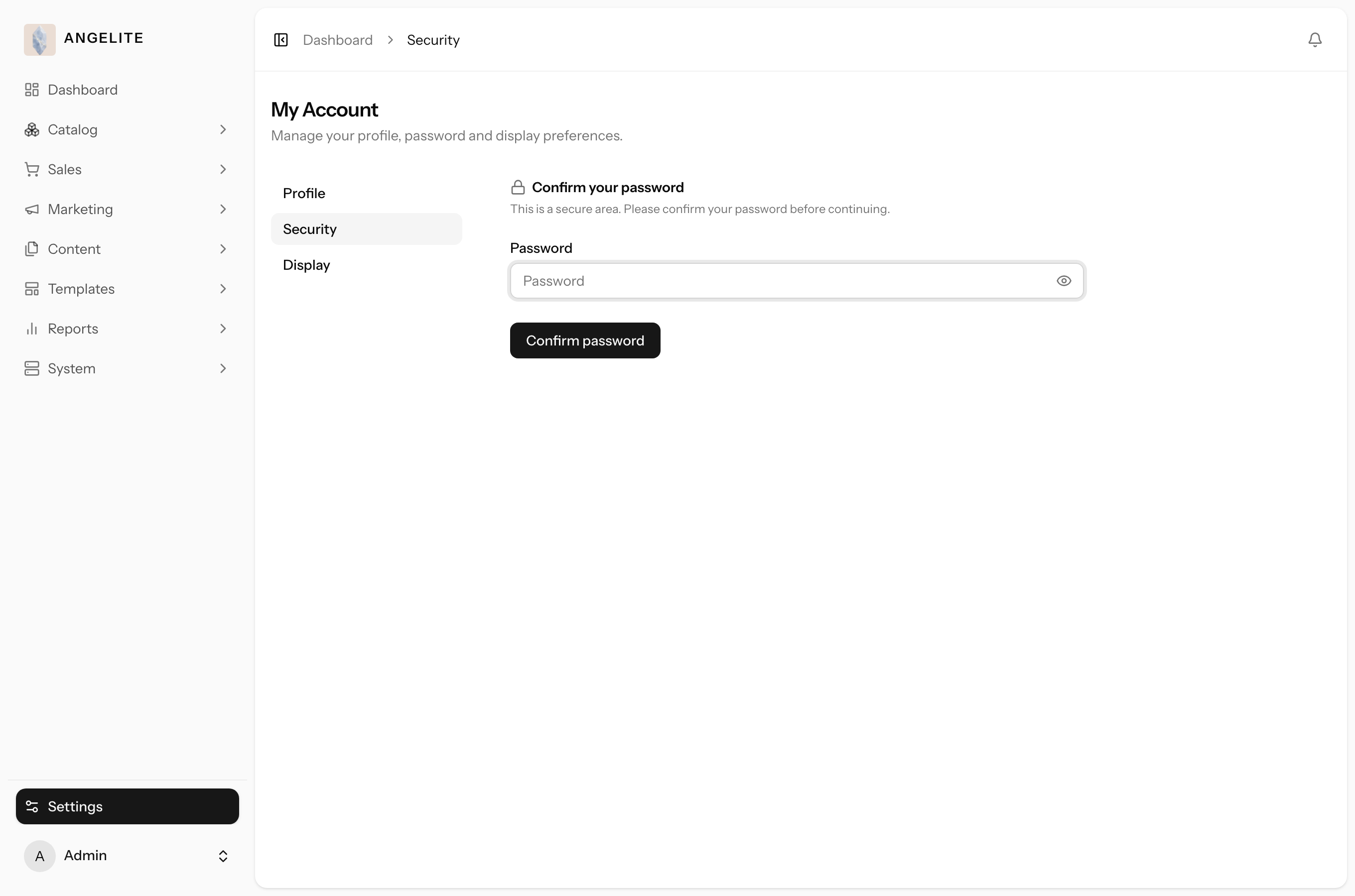 Admin security settings with two-factor setup